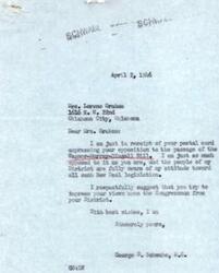 ["Mrs. Lorene Graham received a response from Congressman George B. Schwabe, who shares her opposition to the Wagner-Murray-Dingell Bill. Schwabe suggests that she try to convince her own Congressman of her views."]