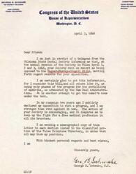 ["George B. Schwabe, a member of the United States House of Representatives from Oklahoma, received a telegram from the Oklahoma State Dental Society stating their opposition to the Wagner-Murray-Dingell Bills, which they believe are part of a larger plan to socialize medicine. Schwabe expresses his agreement with their stance and pledges to continue fighting for a free medical profession. He also informs dentists in Tulsa of his position on the issue."]