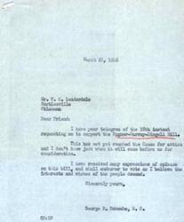 ["Mr. Lauderdale sent a telegram to Mr. Schwabe requesting support for a bill, but Mr. Schwabe has not yet seen the bill and cannot confirm his support at this time. Mr. Schwabe will consider the opinions of his constituents before making a decision on the bill."]
