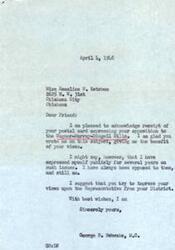 ["The document is a response from George B. Schwabe, a member of Congress, to Miss Roseline W. Ketchum expressing his opposition to the Wagner-Murray-Dingell Bills. He suggests that she try to influence her district's Representative with her views on the issue."]
