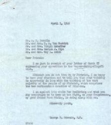 ["The document dated April 1, 1946 is a response to a letter of opposition to the Wagner-Murry Bills, which are seen as a threat to personal freedom and American medicine. The author urges the recipient, Representative George B. Schwabe, to vote against the bills and defeat them. The document emphasizes the importance of upholding the Constitution and giving private industry a chance to prosper. It also calls for the elimination of the O.P.A., farm subsidy, compulsory military training, industrial strikes, and drafting men in peacetime. The document is signed by multiple individuals and addresses the concerns of the proposed legislation."]