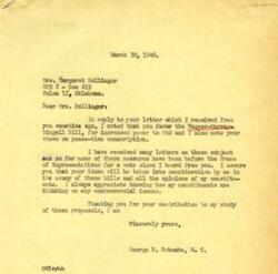 ["Mrs. Margaret Bollinger wrote to Congressman George B. Schwabe expressing her support for the Wagner-Murray-Dingell Bill and increased power to the United Nations. She also shared her views on peace-time conscription. Congressman Schwabe acknowledged her letter and assured her that he would consider her opinions when studying the bills."]