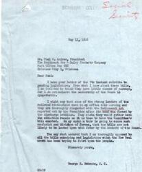 ["The document is from Paul H. Andres, President of The Southwest Ice & Dairy Products Company, urging Honorable George Schwabe to oppose pending legislation that would increase social security taxation and include the ice industry in the Railroad Retirement Act. Schwabe, in his response, expresses his opposition to the bills and doubts their chances of passage due to lack of sympathy from House members. He mentions that leaders of the railroad brotherhood are also against the Retirement Act reported by the Committee."]