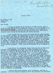 ["The document is from George B. Schwabe to Mr. Harvey G. Hays discussing the Social Security Tax Law and proposed changes to it. Schwabe expresses concern about the government's handling of Social Security funds and the potential for future issues. He also criticizes recent legislation passed by the New Deal crowd, including increased pay for congressmen and retirement benefits. Hays responds, expressing his agreement with Schwabe's views on Social Security and raising concerns about the lack of increase in benefits for retirees despite rising living costs."]