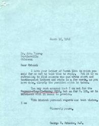["Dr. John Torrey received a letter from George B. Schwabe, expressing appreciation for Torrey's short and to-the-point letter regarding the Wagoner-Dingell-Murray Bill. Schwabe stated that he is not in favor of the bill and supports S. 191 instead. Torrey also wrote to Schwabe, urging him to support the S. 191 Bill if it comes up for passage. Both letters express mutual respect and best wishes."]