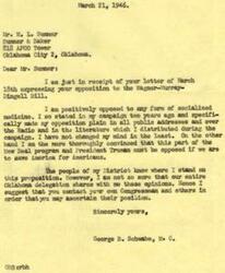 ["The document dated March 18, 1946 from Mr. M. L. Summer to Honorable  George B. Schwabe expresses opposition to the Wagner-Murray-Dingell Bills, which provide for compulsory health insurance. Mr. Summer is against socialized medicine and believes the United States is drifting towards state socialism. He requests that Mr. Schwabe advise that he is also opposed to socialized medicine. Mr. Schwabe responds on March 21, 1946, stating that he is also opposed to any form of socialized medicine and believes it must be opposed to save America for Americans. He suggests contacting other congressmen to ascertain their positions on the issue."]