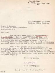 ["The writer is urging Mr. Schwabe to pass the Wagner-Murray-Dingell Bill for a health insurance plan in Oklahoma City. They criticize the current medical professionals and express support for socialized medicine. They encourage others to write letters to Washington in support of the bill."]