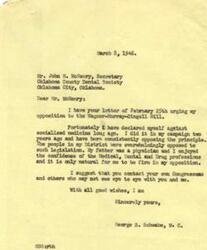 ["The document is from Mr. John H. McHenry, Secretary of the Oklahoma County Dental Society, urging Representative George B. Schwabe to oppose the Wagner-Murray-Dingell socialized medicine bill, as the society believes it goes too far. Schwabe responds that he has been against socialized medicine for some time, as the people in his district are against it and he has the support of the medical, dental, and drug professions. He suggests that McHenry contact other congressmen who may not share their views."]