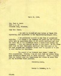 ["Mrs. Pratt wrote to Representative George B. Schwabe expressing her opposition to the Wagner-Murray-Dingell Bill and other socialized medicine bills, which she believes would be a burden to the public and a step towards socialism. Representative Schwabe responded, reaffirming his opposition to socialized medicine and urging Mrs. Pratt to contact her own Congressman to find out their position on the issue."]