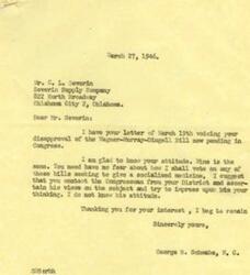 ["Mr. Severin wrote a letter to Congressman George B. Schwabe expressing his disapproval of the Wagner-Murray-Dingell Bills for Compulsory Health Insurance. Congressman Schwabe responded, assuring Severin that he shares the same disapproval and will not support any bills seeking to implement socialized medicine. Schwabe also advised Severin to contact his own District's Congressman to express his views on the subject."]