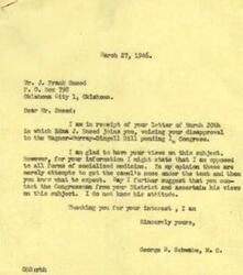 ["Mr. J. Frank Sneed and Edna J. Sneed wrote to Congressman George B. Schwabe expressing their disapproval of the Wagner-Murray-Dingell Bill, which proposed socialized medicine. Congressman Schwabe responded, stating his opposition to all forms of socialized medicine and recommending that the Sneeds contact their District Congressman to ascertain his views on the subject. Schwabe also mentioned that he believes the current system of healthcare for those who cannot afford it is working smoothly and that the Federal Government should not take on the responsibility of providing healthcare for the entire population."]