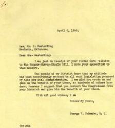 ["Mrs. Easterling wrote to Congressman George B. Schwabe expressing her opposition to the Wagner-Murray-Dingle Bill. Congressman Schwabe replied, stating that he has consistently opposed such legislation and suggesting that she contact her own Congressman to share her views. Another constituent also wrote to Congressman Schwabe, asking him to vote against two specific bills related to healthcare."]