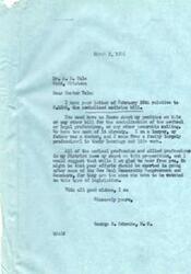 ["Dr. Yule wrote to Congressman Schwabe asking him to vote against a bill that would extend government control over medical and dental professions. He argued that putting doctors on salaries would not incentivize them to provide better service. Instead, he proposed setting up a fund like insurance to allow patients to choose their own doctor. Congressman Schwabe reassured Dr. Yule of his opposition to socialized medicine and suggested directing efforts towards New Deal Democratic Congressmen and Senators."]