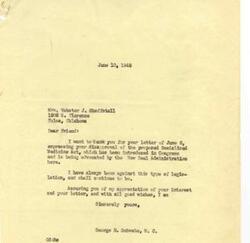 ["Mrs. Webster J. Schoffstall wrote a letter to George B. Schwabe expressing her disapproval of the proposed Socialized Medicine Act. Schwabe responded, thanking her for her letter and confirming his opposition to the legislation."]