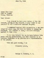 ["Cadet Jack Geer wrote a letter to Congressman George B. Schwabe expressing his opposition to the Socialized Medicine Program. Congressman Schwabe responded, thanking Geer for his views and reaffirming his own opposition to the program. Schwabe stated that receiving letters like Geer's from constituents inspires him to continue representing their interests."]