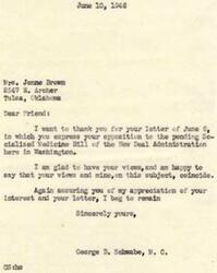 ["Mrs. Jenne Brown received a letter from George B. Schwabe, a member of Congress, thanking her for her opposition to the Socialized Medicine Bill. Mrs. Brown expressed her preference for choosing her own doctors rather than having the government decide for her."]