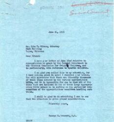 ["John T. Gibson writes to George B. Schwabe and Senator Moore about a reduction in federal grant to the Oklahoma Commission for Crippled Children, specifically affecting the treatment of spastic children. He requests their assistance in restoring the grant to its previous level to ensure proper medical care for these children. Schwabe responds, expressing willingness to help and acknowledging the difficulty in keeping track of all appropriation items. Gibson also mentions his personal connection to the issue and the importance of providing adequate care for these children."]