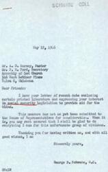 ["The document from the Assembly of God Church in Tulsa, Oklahoma expresses support for social security legislation to provide aid for the blind. Congressman George B. Schwabe responds that the measure has not yet been submitted to the House of Representatives but assures that he will do everything he can to support it. The church requests the congressman's help in enacting the amendments to the social security act and expresses appreciation for his service."]