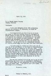 ["The document is a letter from George B. Schwabe, a member of the House of Representatives, to the W. L. Hulett Lumber Company. In the letter, Schwabe expresses his opposition to subsidies and the extension of the OPA, stating that he has voted against them in the past and will continue to do so. He also mentions his belief that subsidies are harmful and fraudulent, and he reassures the lumber company that he will fight for their shared principles. The lumber company responds by urging Schwabe to eliminate subsidies and OPA restrictions, which they believe are hindering production of building materials."]