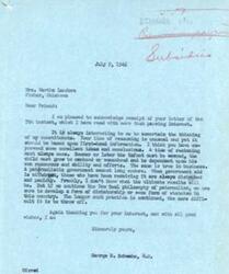 ["The document is a conversation between Mrs. Martha Landers and Congressman George B. Schwabe regarding subsidies for lead and zinc producers. Mrs. Landers expresses frustration with operators benefiting from subsidies while miners receive little. She questions the fairness of these subsidies and suggests that businesses should change if they are not profitable. Congressman Schwabe acknowledges her concerns and warns against the dangers of a paternalistic government."]