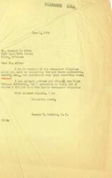 ["George B. Schwabe received newspaper clippings from Leonard S. Allen regarding oil trade agreements and tariffs. Schwabe appreciated receiving the clippings and had already seen one of them in the Tulsa Tribune. Schwabe expressed his gratitude and sent his regards to Allen."]