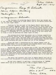 ["The document is a series of letters addressed to Congressman Schwabe and Senator Moore, advocating for the classification of Angora Rabbit wool as a high-value product and the imposition of a 50% ad valorem duty on imported Angora Rabbit wool to protect American growers and businesses in the industry. The documents highlight the importance of the Angora Rabbit wool industry in providing support and employment to American families, and express concerns about foreign competition and the need for protection through tariffs."]