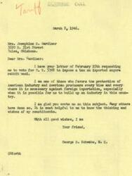 ["Mrs. Josephine B. Gardiner wrote to Congressman George B. Schwabe requesting him to vote for H. R. 5308, which imposes a tax on imported angora rabbit wool. She argues that the domestic rabbit wool industry has grown and provides support to many families, especially returning service men. Gardiner urges Schwabe to support the bill to protect American producers from foreign competition. Congressman Schwabe responds, expressing his support for protecting American industry and appreciating input from constituents."]