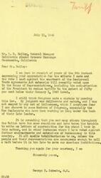 ["The document is a correspondence between Mr. George B. Schwabe and Mr. D. R. Bailey regarding the Reciprocal Trade Agreements Act and its impact on the almond industry. Schwabe expresses his opposition to the Act and believes it is a step towards totalitarianism, while Bailey appreciates Schwabe's vote against the Act and acknowledges the importance of maintaining reasonable tariff levels for the almond industry. Bailey also notes that emotional appeals and political considerations have influenced some members of Congress in their decision-making."]