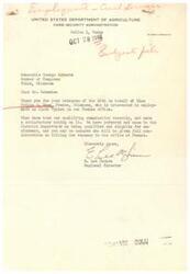 ["The document is a series of communications between various individuals regarding the employment of Miss Heloise G. Knox as a Clerk Typist in the Farm Security Administration office in Pawnee, Oklahoma. Miss Knox passed the qualifying examination and is considered qualified and eligible for the position. Honorable George Schwabe endorsed Miss Knox for the position and it is recommended that he write or wire his recommendation to the Farm Security Administration in Dallas, Texas."]