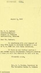 ["The document includes correspondence between Mr. R.S. Bedford, Secretary-Manager of the Chamber of Commerce in Bartlesville, Oklahoma, and Mrs. A.L. Warren, Secretary to Congressman George B. Schwabe. Mr. Bedford requests information on a bill related to a $25,000 excess profit exemption, which Mrs. Warren provides. She also informs Mr. Bedford that the bill has passed both the House and Senate and awaits the President's signature. Mrs. Warren offers further assistance and emphasizes the importance of supporting the exemption for small businesses."]