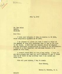 ["The document is a letter from George B. Schwabe to Don Welch regarding the passage of bill HR 3633, originally HR 3847. Schwabe voted in favor of the bill, which incorporated an amendment by Mr. Carlson. The document also mentions a telegram from Welch urging Schwabe to support the Carlson amendment, which Schwabe did by voting for the bill."]