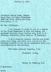 ["The document is from George B. Schwabe, a Member of Congress, to Honorable Daniel Reed, a fellow member of the House Ways and Means Committee. Schwabe is forwarding a telegram from the President of the Tulsa Chamber of Commerce regarding tax matters, and suggests Reed consider it in his deliberations."]