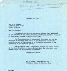 ["The document acknowledges receipt of a letter from Mr. R. E. Copeman regarding taxation issues, which will be brought to the attention of Congressman Schwabe upon his return to Washington. It also mentions Congressman Schwabe's appointment to the House Committee on Appropriations in May."]