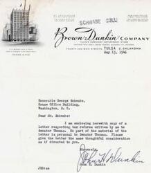["The document includes addresses of various offices in different cities, information about a department store company in Tulsa, and a letter written to Honorable George Schwabe regarding tax reforms. The document was written by John H. Dunkin and it is requested to be considered with thoughtfulness."]