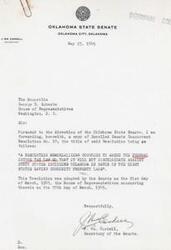 ["The document is a letter from the Oklahoma State Senate to George B. Schwabe in the House of Representatives, requesting that Congress amend the federal income tax law to prevent discrimination against certain states, including Oklahoma, in favor of states with community property laws. The document includes a copy of the Enrolled Senate Concurrent Resolution No. 10 for review."]