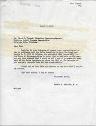 ["The document is a series of telegrams between George B. Schwabe, a member of the House of Representatives, and Larry O. Bowman, the Executive Secretary-Manager of the Oklahoma Retail Grocers Association. Bowman requests Schwabe's help in getting a bill related to fair trade put on the House calendar for consideration, emphasizing its importance to independent retail grocers. Schwabe assures Bowman that he will do his best to persuade the Rules Committee to do so."]