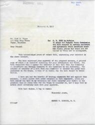 ["The document is a letter from Congressman George B. Schwabe in response to a request from Carl H. Hogue regarding a proposed bill to amend the Federal Trade Commission Act. Hogue expressed approval of the bill and requested that it remain in the Committee on Interstate and Foreign Commerce, rather than being transferred to the Committee on the Judiciary. Schwabe acknowledges the request and states that he will consider Hogue's wishes when the bill comes up for consideration in the House."]