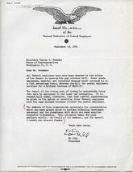["The document is from the Local No. 401 of the National Federation of Federal Employees to Honorable George B. Schwabe, expressing gratitude for the Senate passing a pay increase bill but raising concerns about the disparity in increases for lower grade employees compared to postal employees. They request that all Federal employees receive a minimum increase similar to that of postal employees to address the impact of the rising cost of living. They also appreciate Schwabe's consideration and promptness in addressing issues affecting Government personnel."]