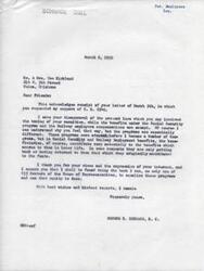 ["The document consists of letters from retired federal employees requesting support for legislation to exempt their annuities from taxation. Congressman George B. Schwabe acknowledges the letters and explains the differences between their annuities and benefits from Social Security and Railway Employment. He assures them that he will consider their concerns and work towards equalizing the programs. Schwabe also mentions the large number of bills introduced in Congress and promises to give thorough consideration to the pending measures related to annuities."]