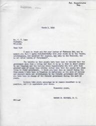 ["The document is from C.F. Lake to Congressman George B. Schwabe, expressing concern about excessive government spending and urging for a reduction in the National Budget. Schwabe responds by agreeing with Lake's views and stating his commitment to promoting economy and reducing waste in government expenditures."]