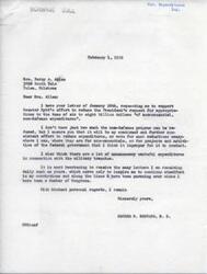 ["Mrs. Betty A. Allen wrote a letter to Congressman George B. Schwabe urging him to support Senator Byrd's program to reduce non-essential, non-defense expenditures by 6-8 billion dollars. Congressman Schwabe responded, expressing his commitment to reducing expenditures and wasteful spending, both in non-essential programs and in military branches. He thanked Mrs. Allen for her letter and stated that he will continue to pursue his convictions in Congress."]