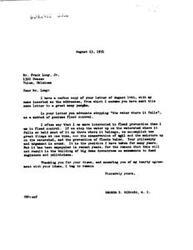 ["The document  is a letter from George B. Schwabe, a congressman, thanking Frank Lou Jr. for his letter advocating for flood prevention by stopping water where it falls instead of building large dams. Schwabe agrees with Lou's ideas and believes that this method of flood prevention is more effective and less expensive. He hopes that legislators will consider this approach when voting on flood control measures."]