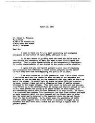 ["The document  is a letter from George B. Schwabe to Edward A. Thompson discussing flood control projects and the need for flood prevention rather than just flood control. Schwabe emphasizes the importance of addressing the issue at the source of the problem, such as constructing smaller dams and barriers on smaller streams to prevent flooding downstream. He also criticizes the misuse of public funds in flood control projects and the lack of consideration for the impact on the environment and economy. Thompson responds, agreeing with Schwabe's views and expressing concern about the misuse of public money in flood control programs."]