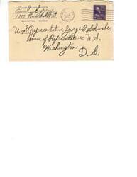 ["Emil returned to the United States after five days and is now in Manhattan, Kansas. The document is addressed to United States Representative George B Schwabe in Washington D.C. and was sent on March 20, 1952. The postage on the letter is 3 cents."]