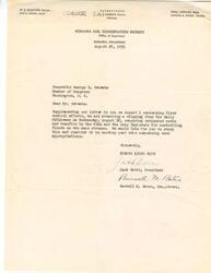 ["The Konawa Soil Conservation District sent a letter to Congressman George B. Schwabe regarding flood control efforts and attached a newspaper clipping comparing estimated costs and benefits by the USDA and Army Engineers for controlling floods on the same streams. They asked Schwabe to consider this information when casting his vote on appropriations for flood control."]