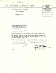 ["The document is thanking Congressman Schwabe for his stand and vote on legislation regarding socialized medicine, and for his efforts to combat the trend. The Tulsa County Medical Society appreciates his support."]