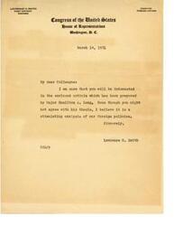 ["Lawrence H. Smith, a member of the Committee on Foreign Affairs in the United States House of Representatives, is sharing an article written by Major Hamilton A. Long with his colleague. He believes the article provides a stimulating analysis of foreign policies, even if the colleague may not agree with its thesis."]