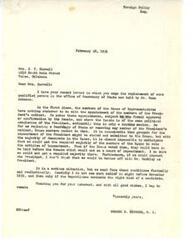 ["The document responds to a request to replace the Secretary of State, explaining that the House of Representatives does not have the authority to make such appointments. The document expresses doubt that impeachment of the President would be successful, and states that relief may only come in the 1952 elections if the Republicans nominate the right candidate. The writer thanks the recipient for their interest and support."]