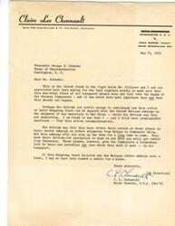 ["Claire Lee Chennault is writing to George B. Schwabe to express concern about the possibility of air transport planes falling into the hands of Chinese Communists. He questions the actions of the British in supporting a United Nations embargo on war materials to Red China while allowing the transfer of these planes. Chennault believes that the planes would significantly boost the Communists' war potential, unlike the embargo on rubber shipments from Malaya. He concludes by expressing frustration at the perceived trade-off between the two actions."]