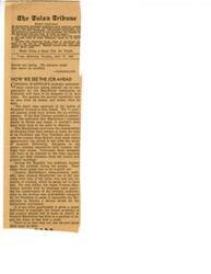 ["The Tulsa Tribune is an independent newspaper published by The Tulsa Tribune Co. Advertising, subscriptions, and production are handled by the Newspaper Printing Corp. The newspaper is a member of the Associated Press and the United Press Association. The document  discusses General MacArthur's decision not to run for President, leaving the Republicans to choose new leadership. The article emphasizes the importance of choosing leaders to save the country from foreign threats and domestic dishonesty."]